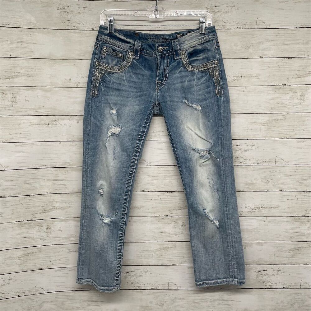 Miss Me Signature Cropped Jeans Size 28 Western Embellished‎ Bling Boho Festival
